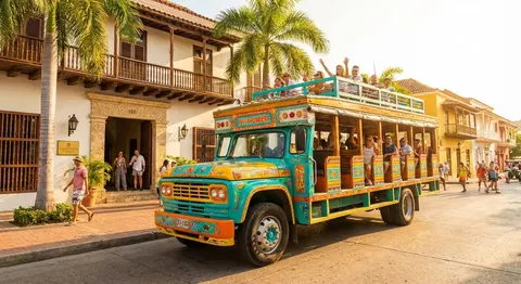 Animada Chiva Rumbera con turistas en un tour por una ciudad histórica con edificios coloniales y palmeras.