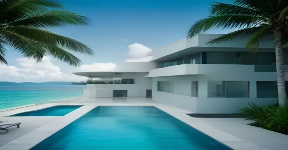 Moderna casa blanca de lujo con piscina y palmeras frente a una playa de aguas turquesas.