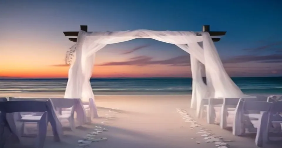 Arco de boda decorado con telas blancas y sillas dispuestas en la arena frente al mar durante el atardecer.