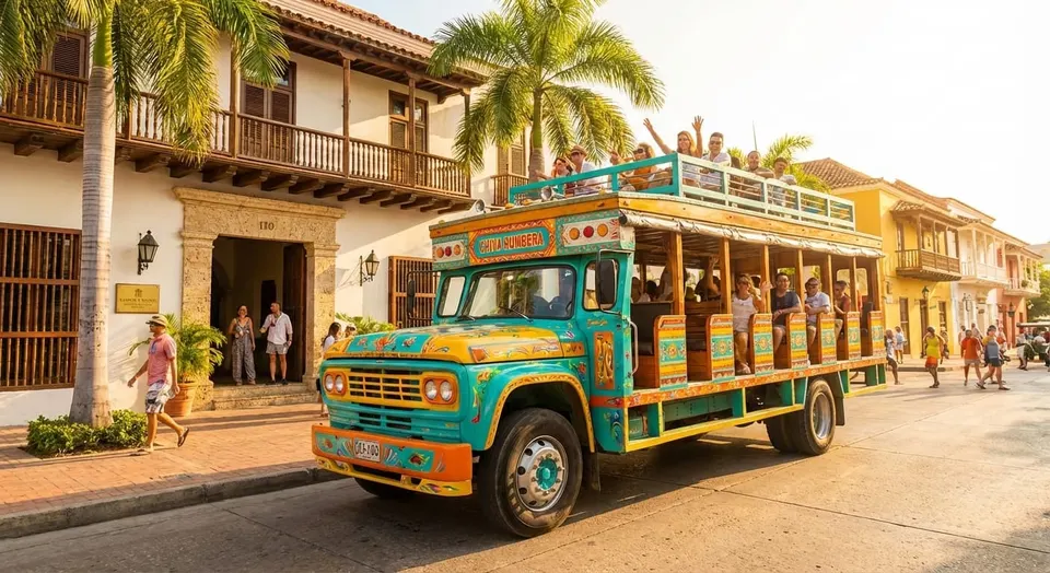 Animada Chiva Rumbera con turistas en un tour por una ciudad histórica con edificios coloniales y palmeras.