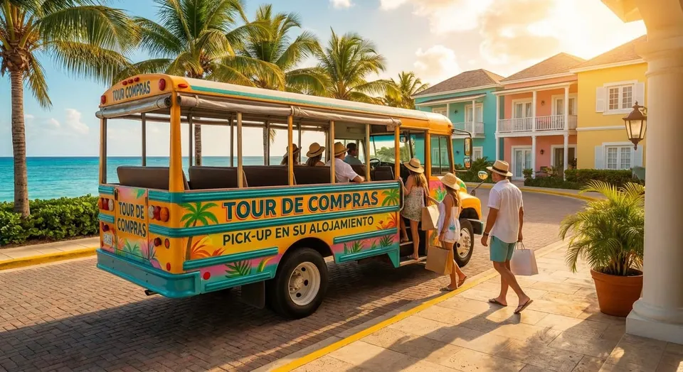 Disfruta el Tour de Compras MK: bus colorido, palmeras y casas tropicales, recogido en tu alojamiento.