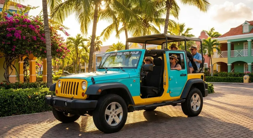 Un Jeep Safari colorido con turistas recorriendo un hotel con palmeras en Isla Margarita.